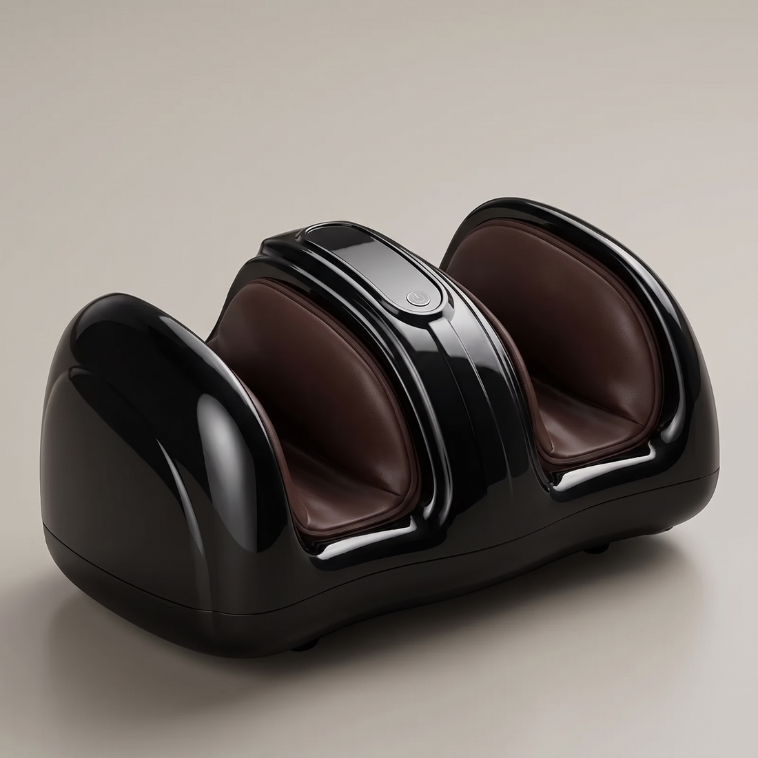 CalfZen glossy black foot and calf massager with PU-leather lined tunnels