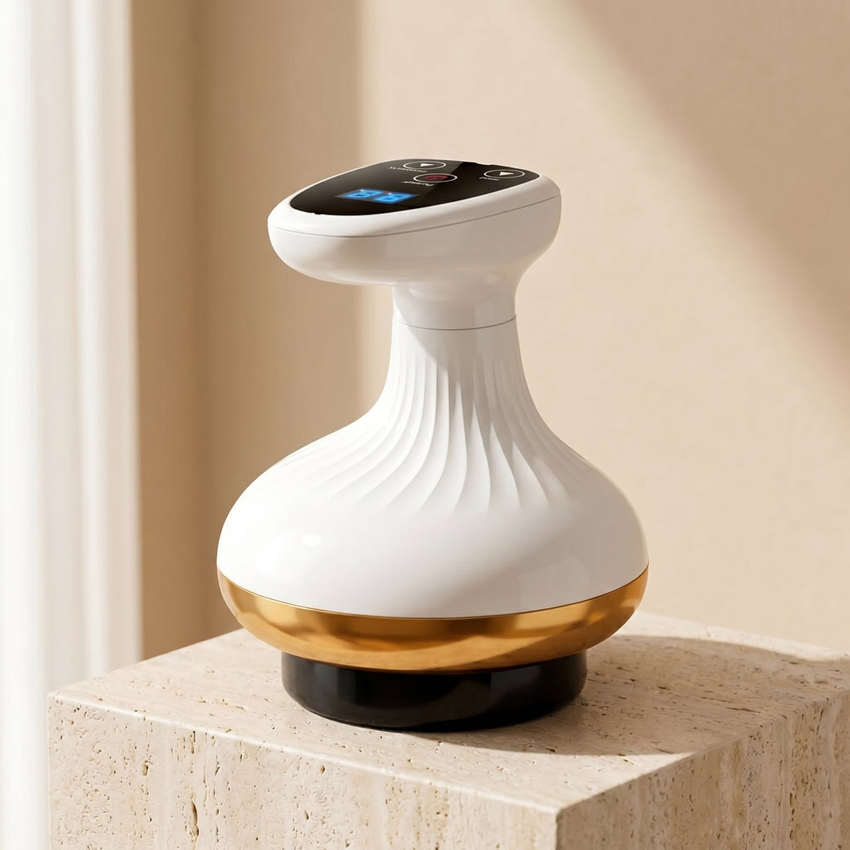 ContourZen cupping massager with gold band on a travertine pedestal