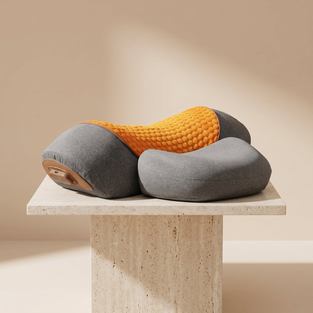 PillowZen grey neck massage pillow with orange center on a travertine pedestal