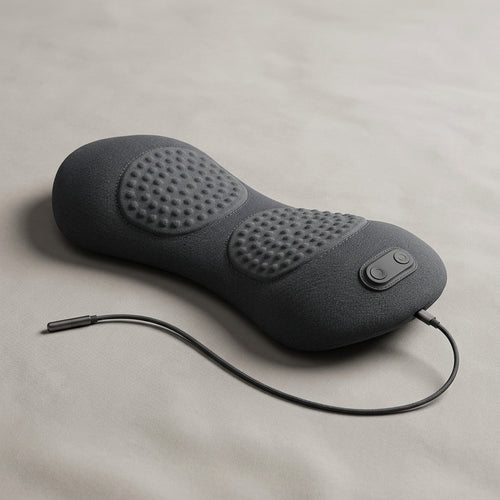 ArchZen dark gray peanut-shaped heated lumbar massage cushion with dimpled domes