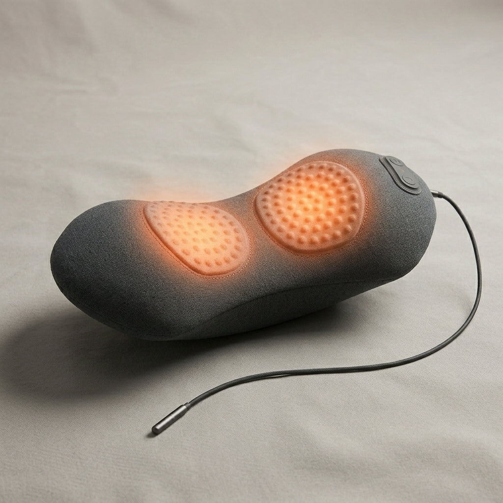 ArchZen lumbar cushion with both massage domes glowing warm for heat compress