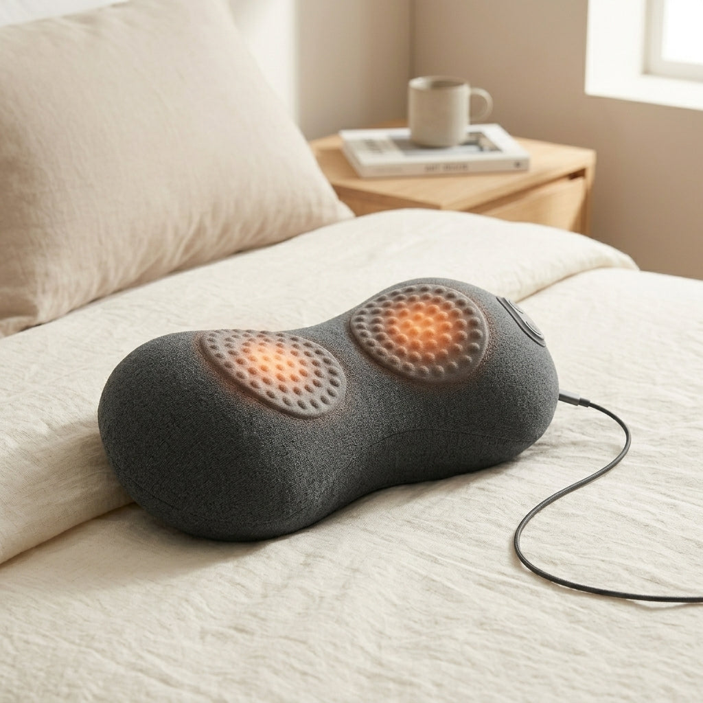 ArchZen heated lumbar cushion resting on a bed in a calm bedroom