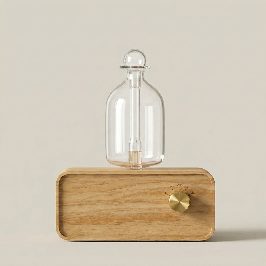 AromaZen nebulizing essential oil diffuser, light wood base with brass dial and clear glass bottle, studio shot