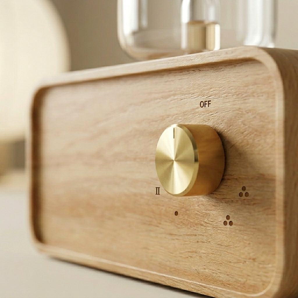 AromaZen diffuser brass control knob close-up with OFF dial