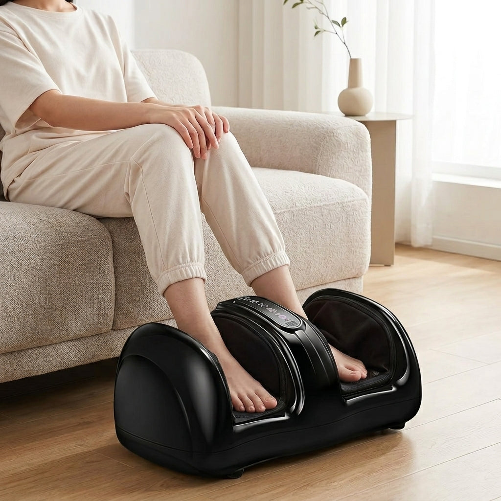 Person resting their feet inside the black CalfZen foot and calf massager