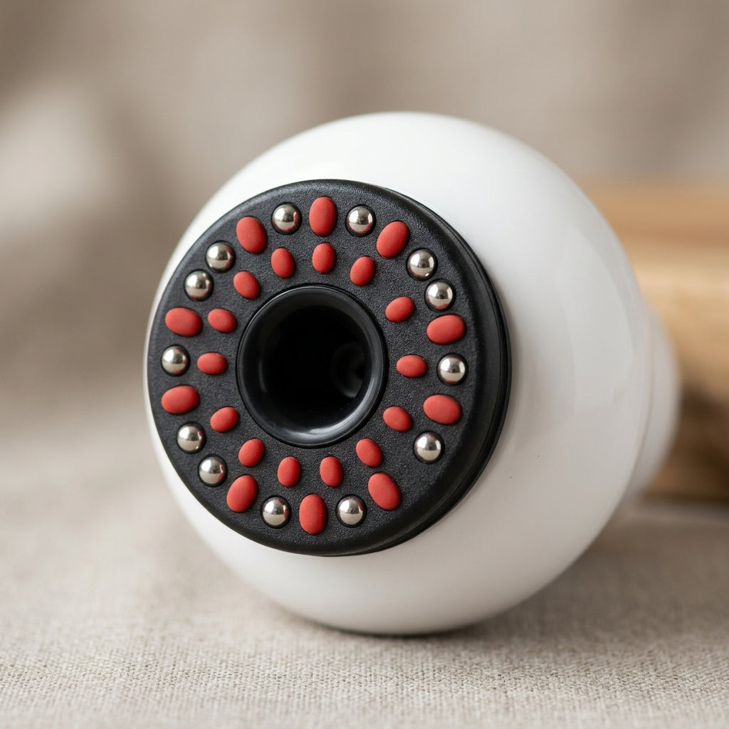 Close-up of the ContourZen scraping head with red silicone bumps and silver steel beads
