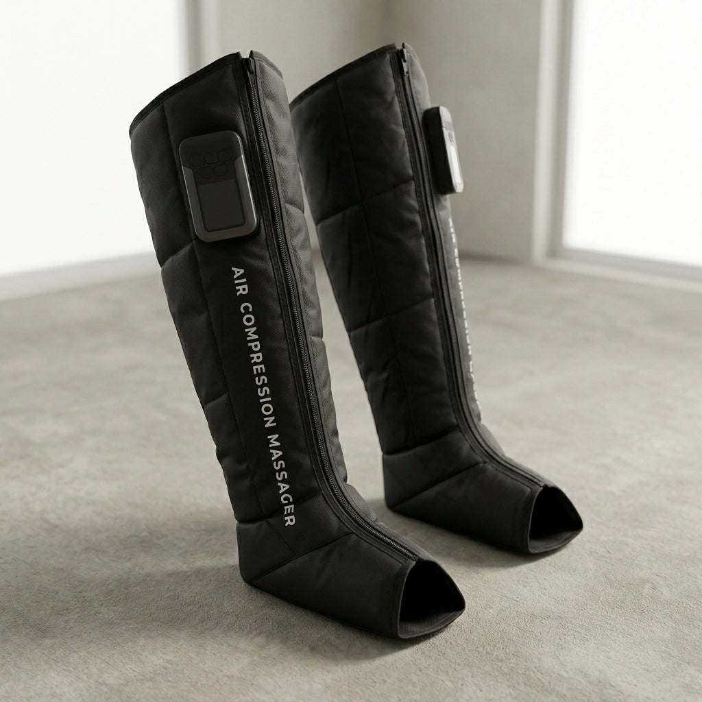 FlowZen black air compression leg recovery boots, pair standing