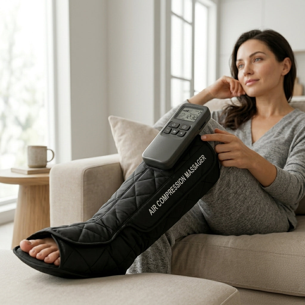 Woman relaxing while wearing a FlowZen air compression leg boot
