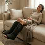 Woman reclining on a sofa wearing both FlowZen compression leg boots
