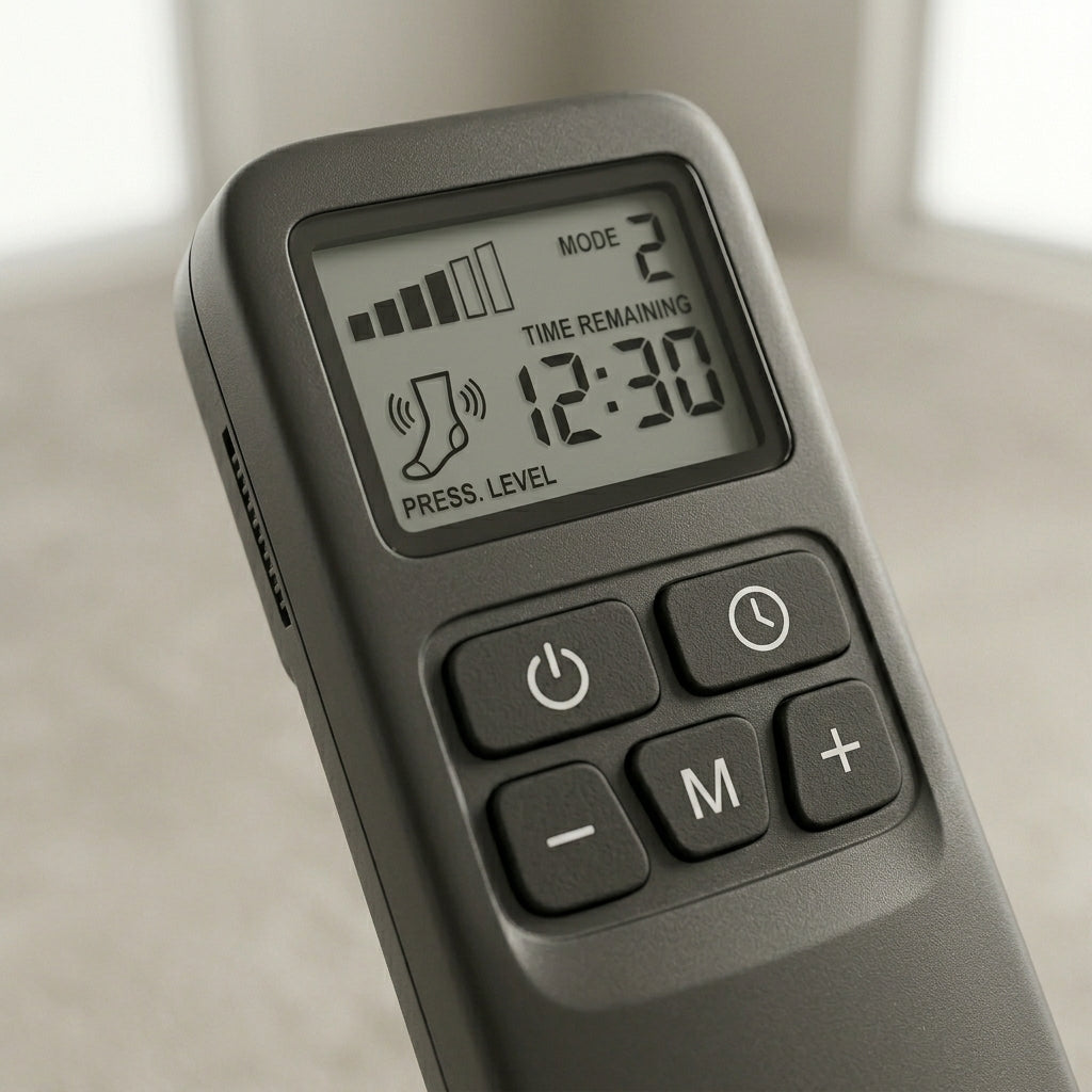 Close-up of the FlowZen controller with LCD screen, mode, timer and pressure buttons