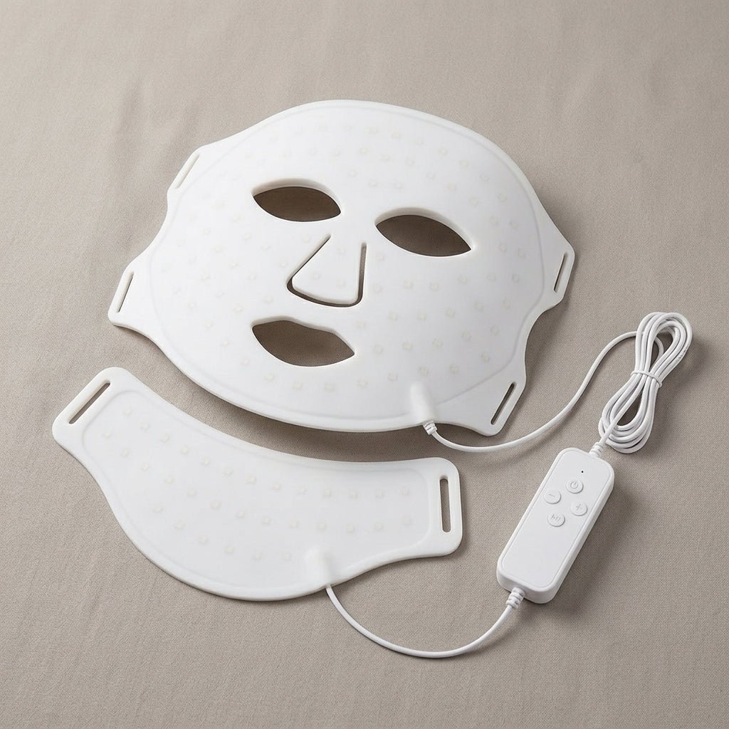 GlowZen white silicone LED face mask with neck piece and handheld controller