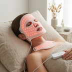 Woman relaxing while wearing the GlowZen LED face and neck mask in red light