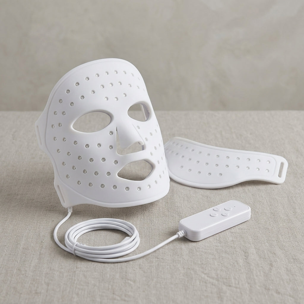 GlowZen white silicone LED face mask shown at an angle with the neck piece