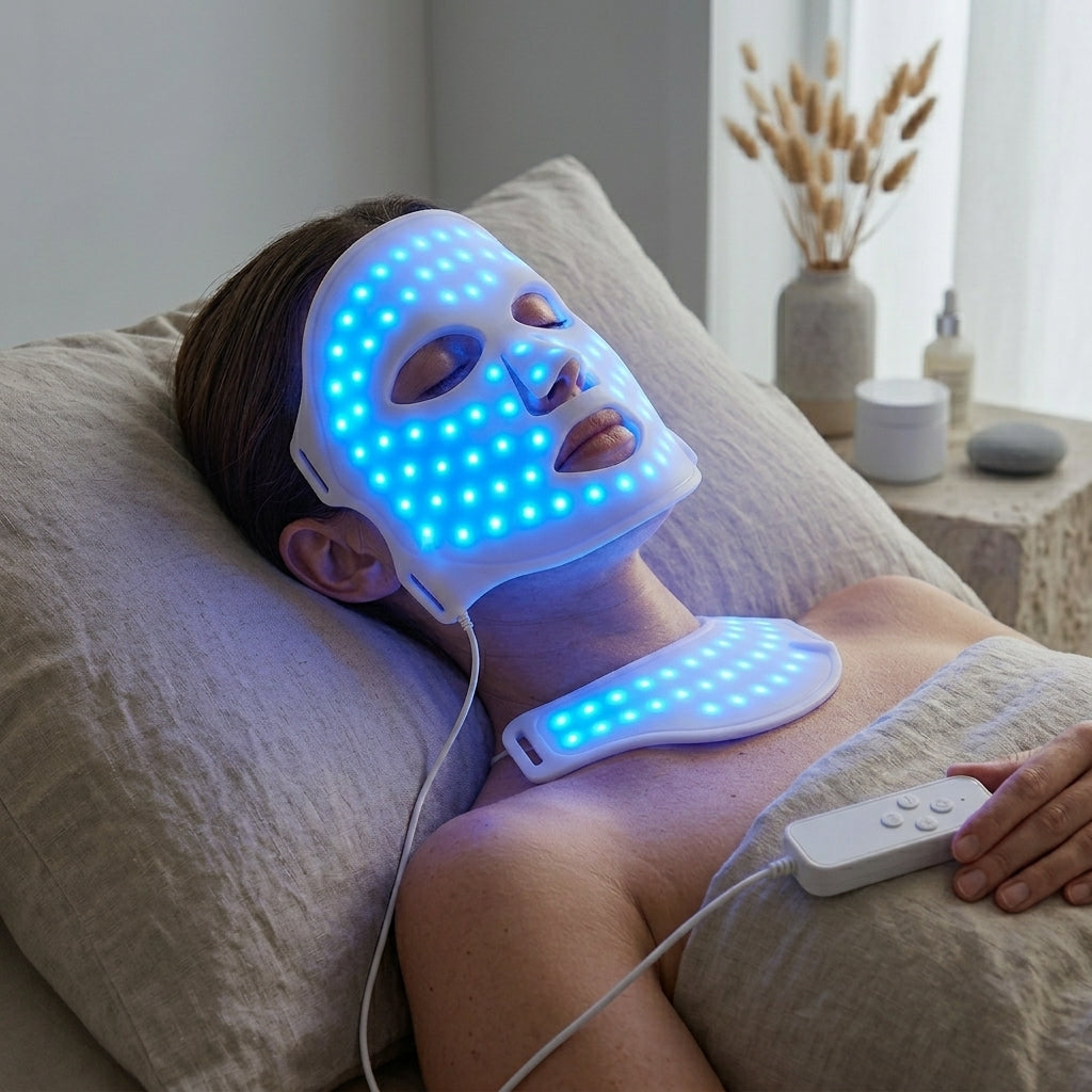 Woman wearing the GlowZen LED face and neck mask glowing with blue light