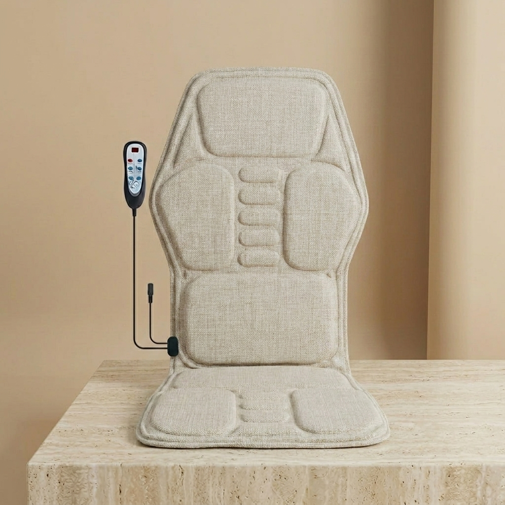 ChairZen oatmeal-beige textile fabric massage chair pad upright on a travertine pedestal in soft studio light