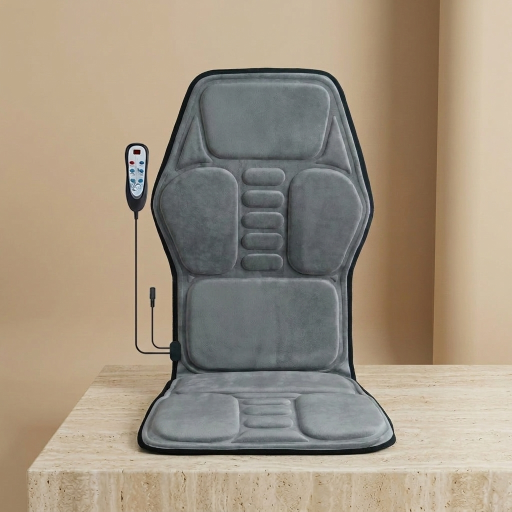 ChairZen gray velvet massage chair pad upright on a travertine pedestal in soft studio light