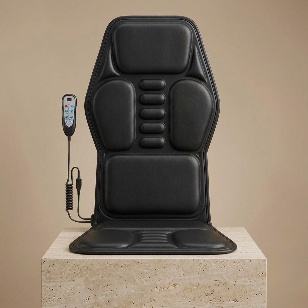 ChairZen black PU leather massage chair pad upright on a travertine pedestal in soft studio light