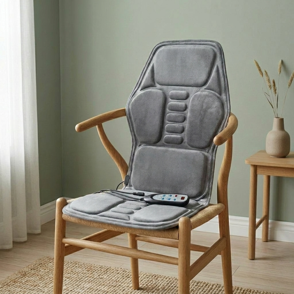 ChairZen gray velvet massage chair pad draped over a light wood accent chair in a calm sunlit room