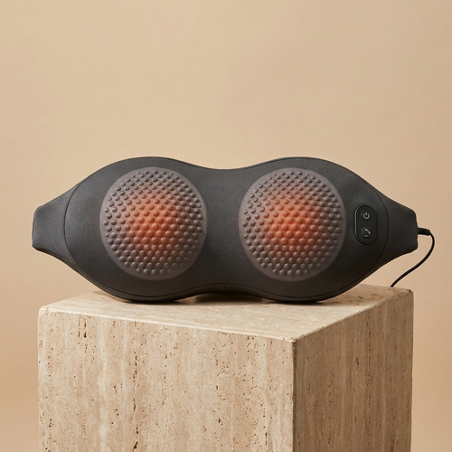 ArchZen heated lumbar massage cushion, slim dark-gray peanut shape with two dimpled massage zones, on a travertine pedestal