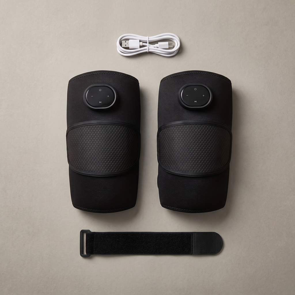 KneeZen knee massager pair with USB-C cable and strap