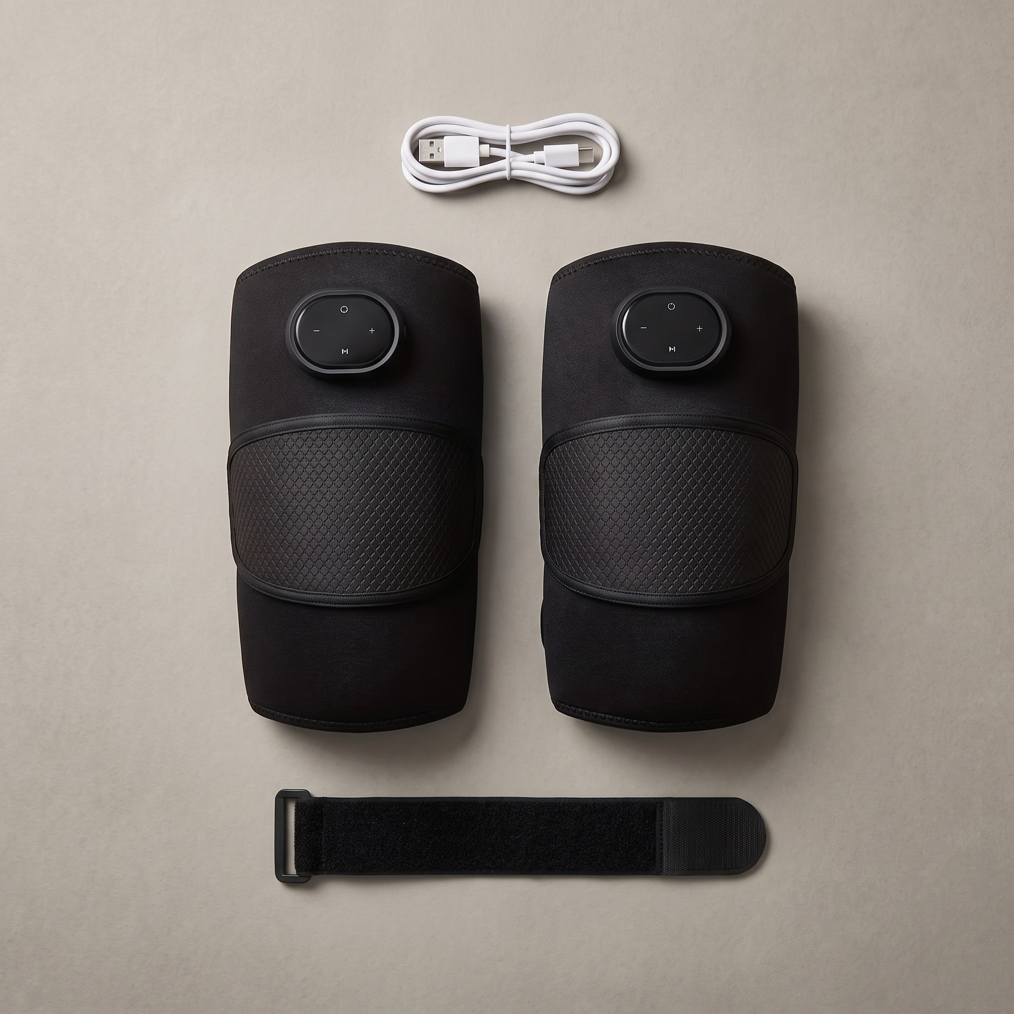 KneeZen knee massager pair with USB-C cable and strap