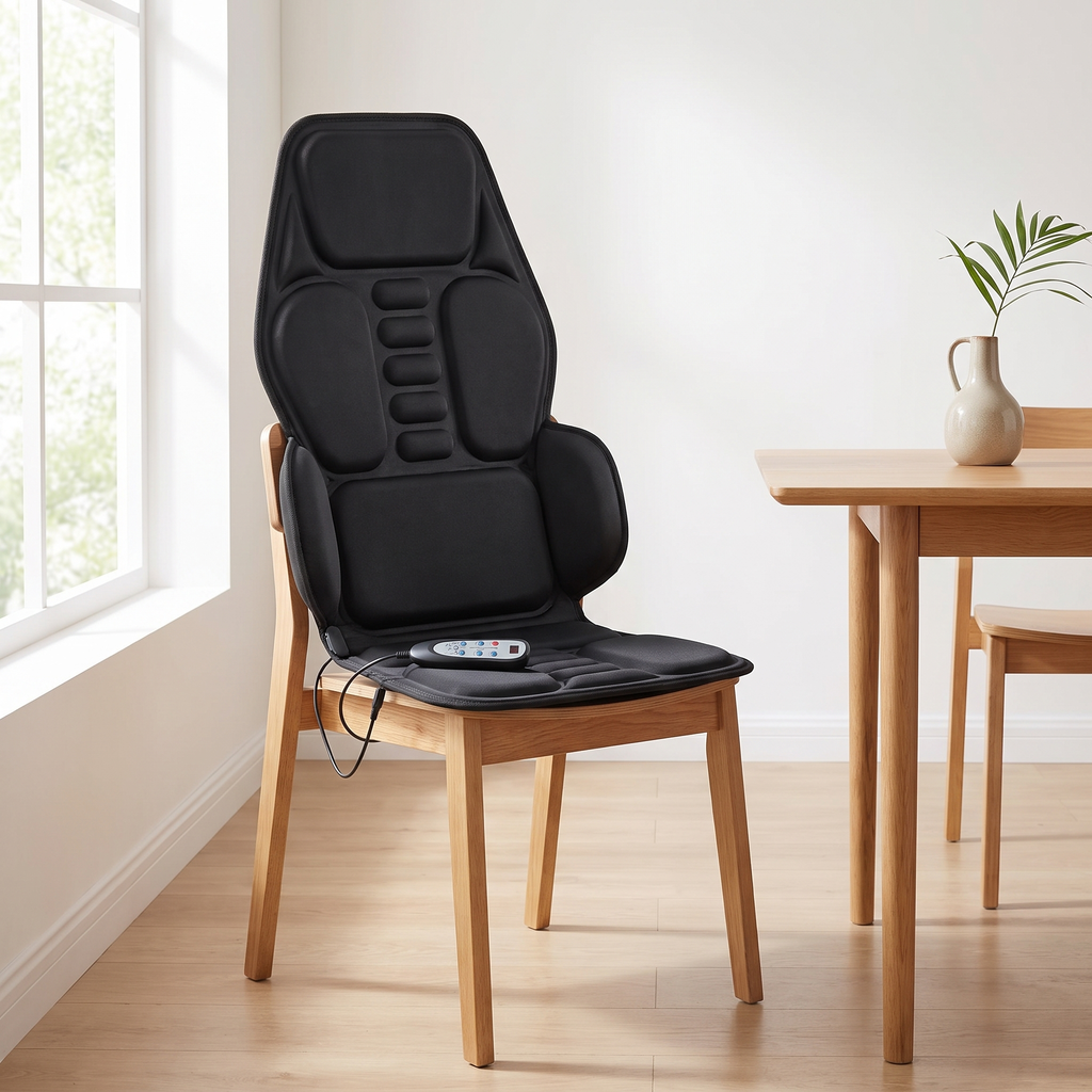 ChairZen black massage seat cushion draped over a chair