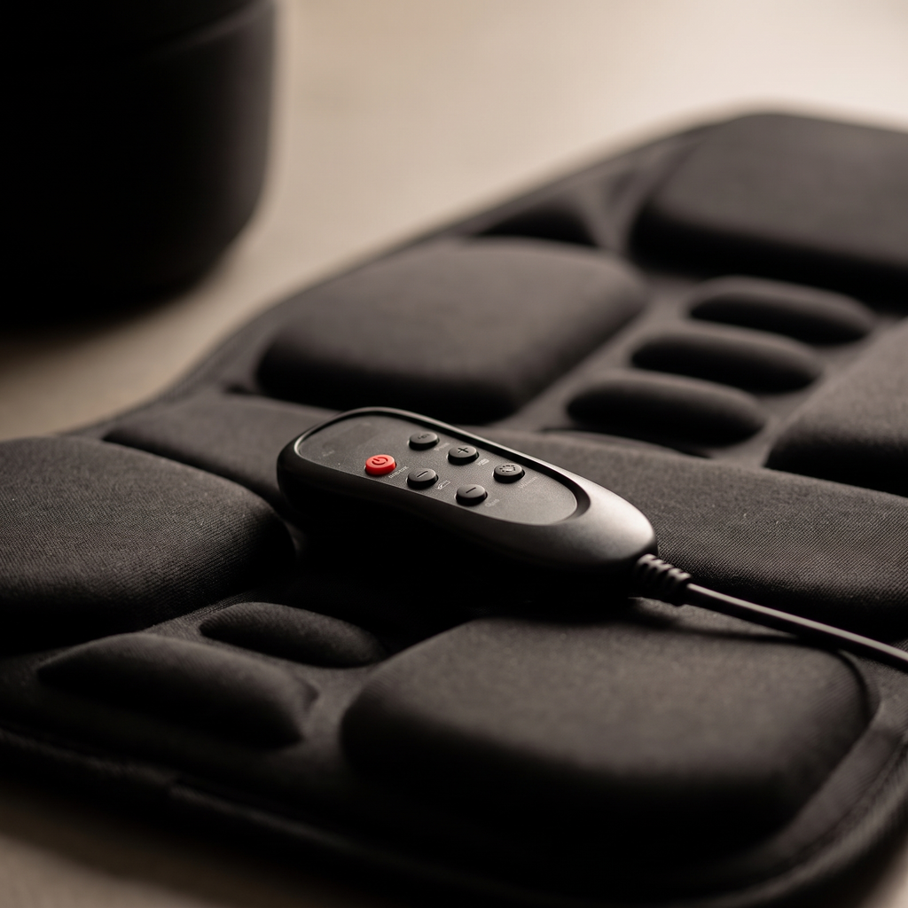 Close-up of the ChairZen wired handheld remote on the cushion