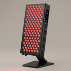 BeamZen black red light panel with side cooling fans on a folding stand