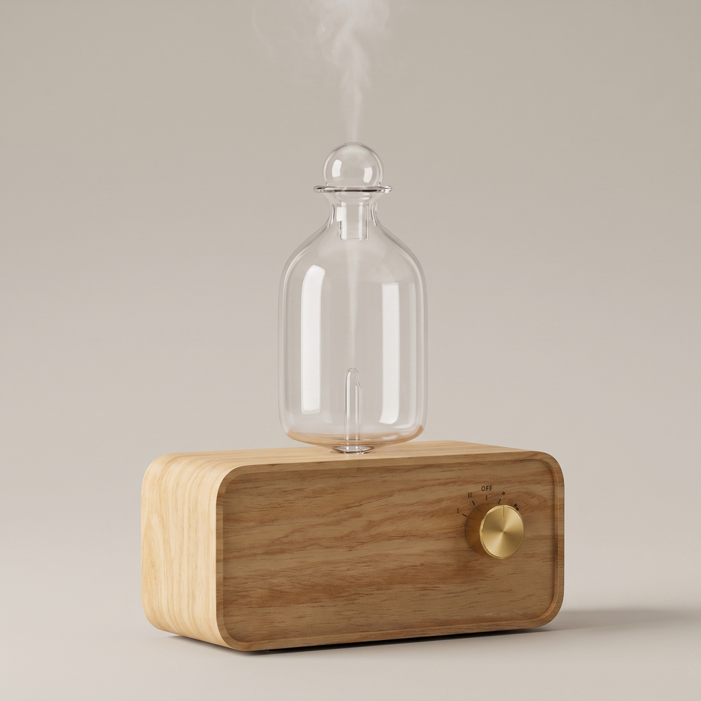 AromaZen nebulizing diffuser with glass apothecary bottle and beech wood base