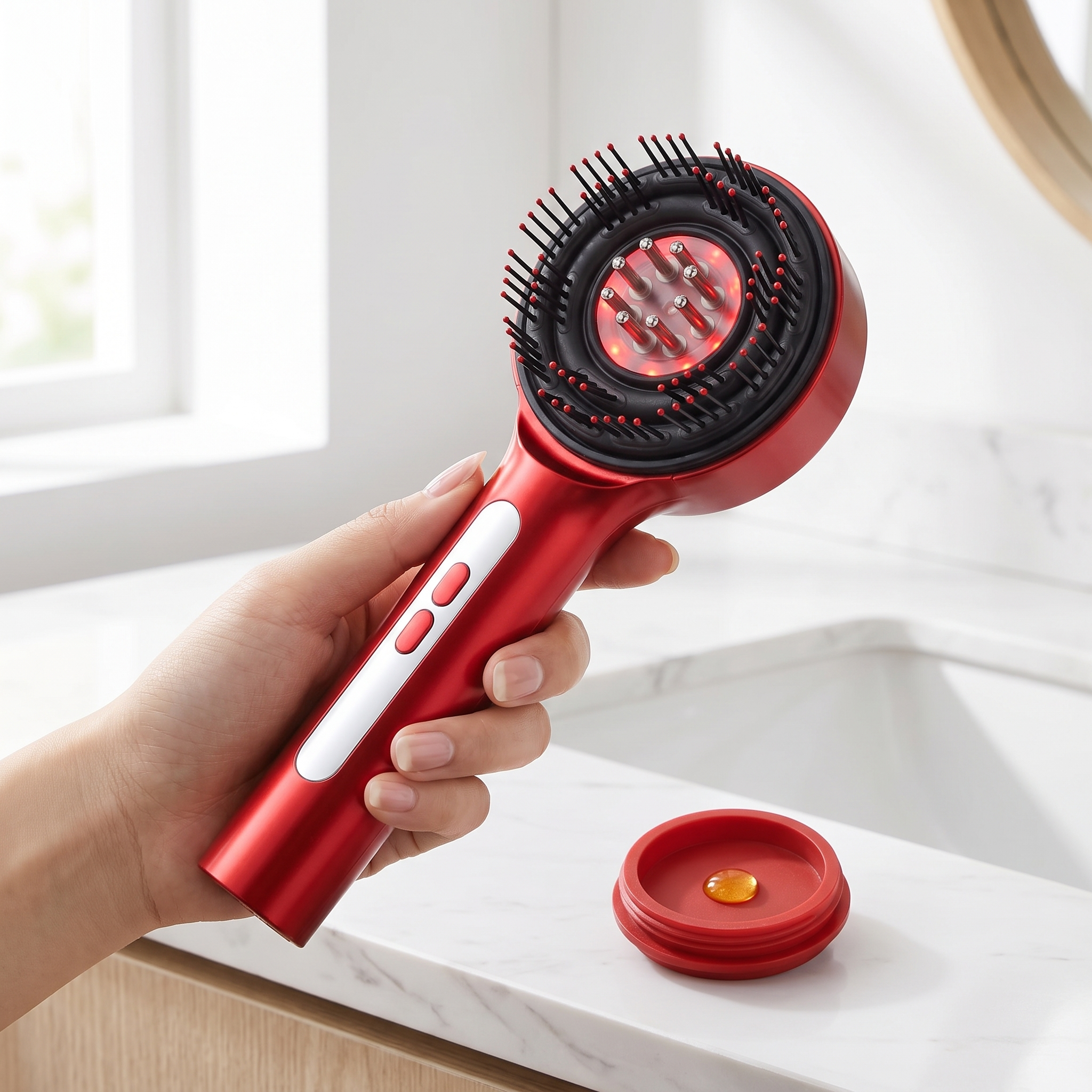 Hand holding the RelaxZen scalp massager with its oil cap