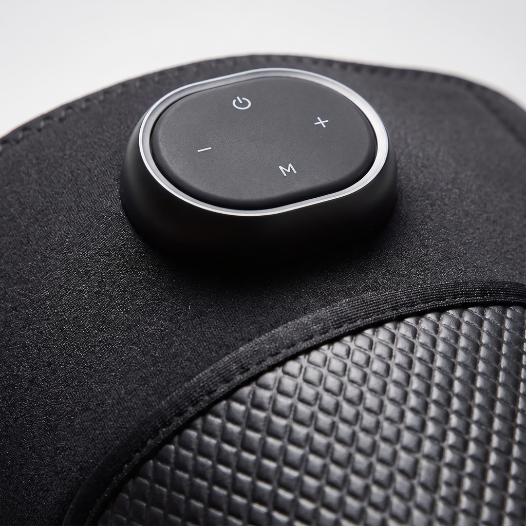 Close-up of the KneeZen control pod on the smooth neoprene above the quilted panel