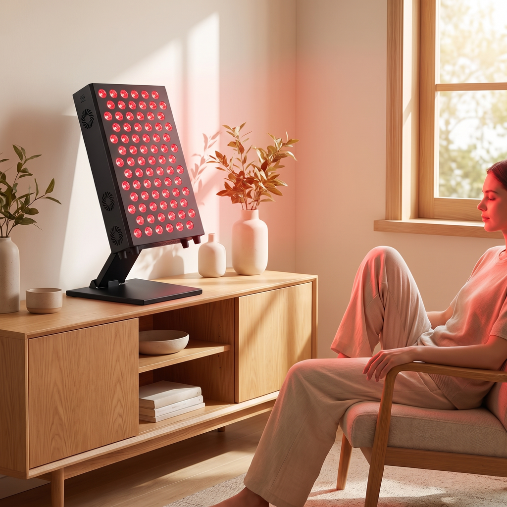 Person relaxing beside the BeamZen red-light panel glowing red