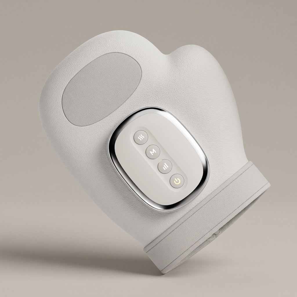 PalmZen grey hand massager mitt at an angle with vertical control buttons