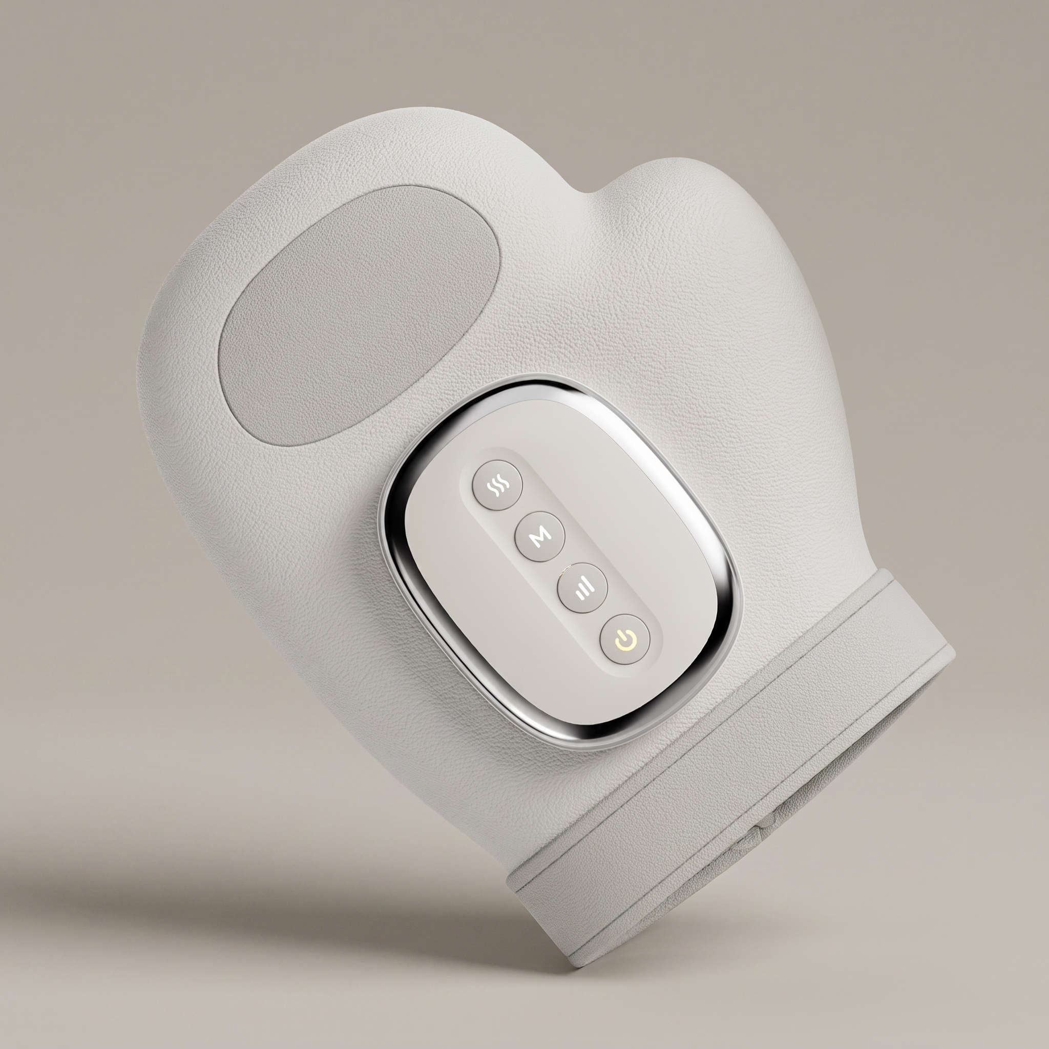 PalmZen grey hand massager mitt at an angle with vertical control buttons