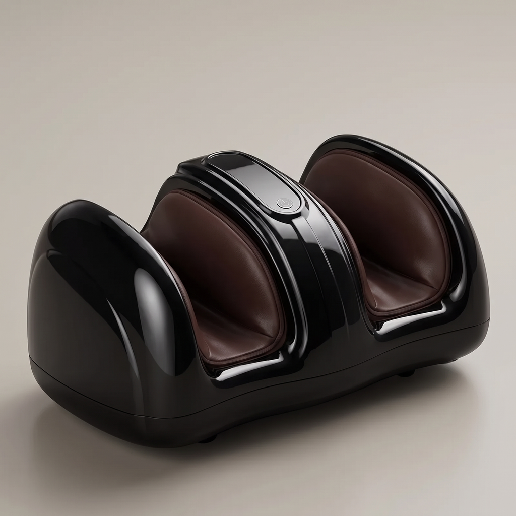 CalfZen glossy black foot and calf massager with PU-leather lined tunnels