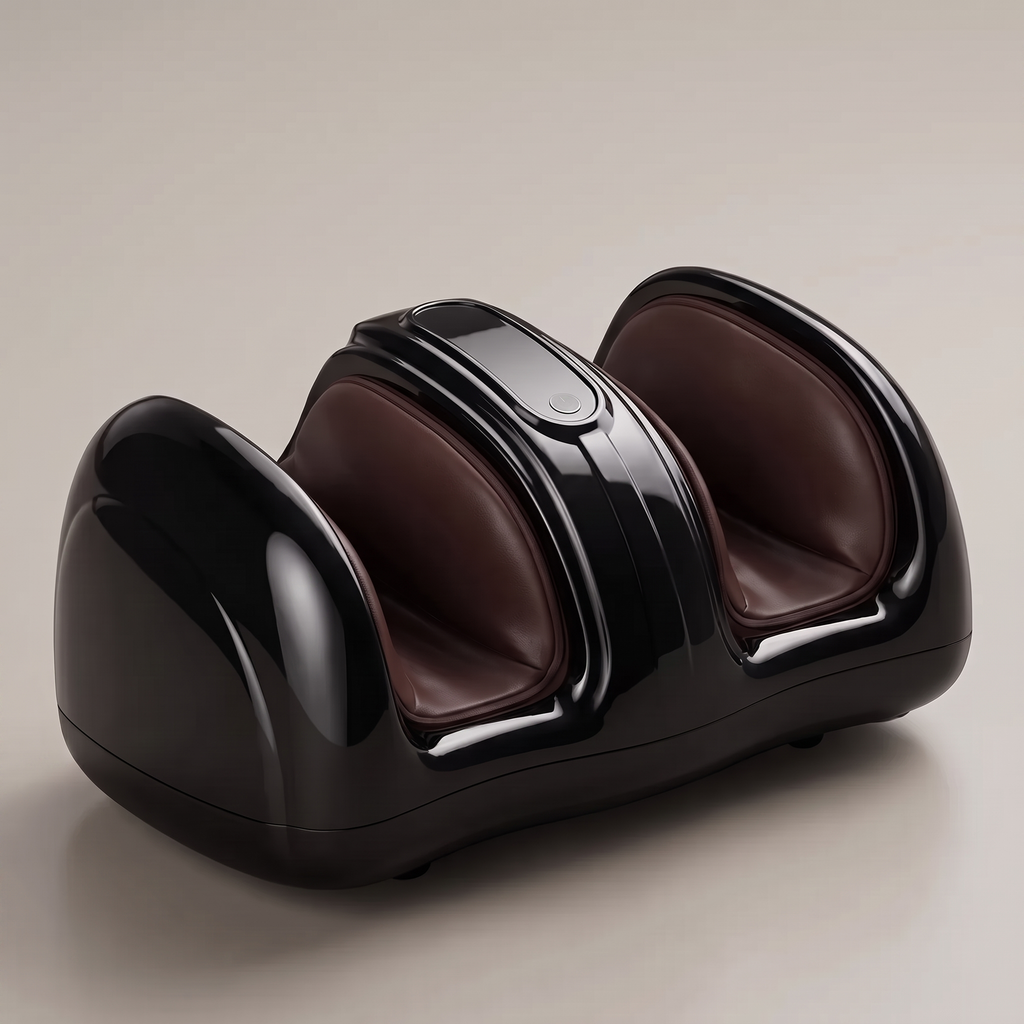 CalfZen glossy black foot and calf massager at an angle