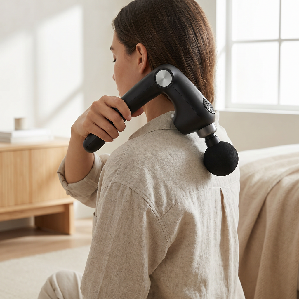 PulseZen Pro heated massage gun used on the shoulder
