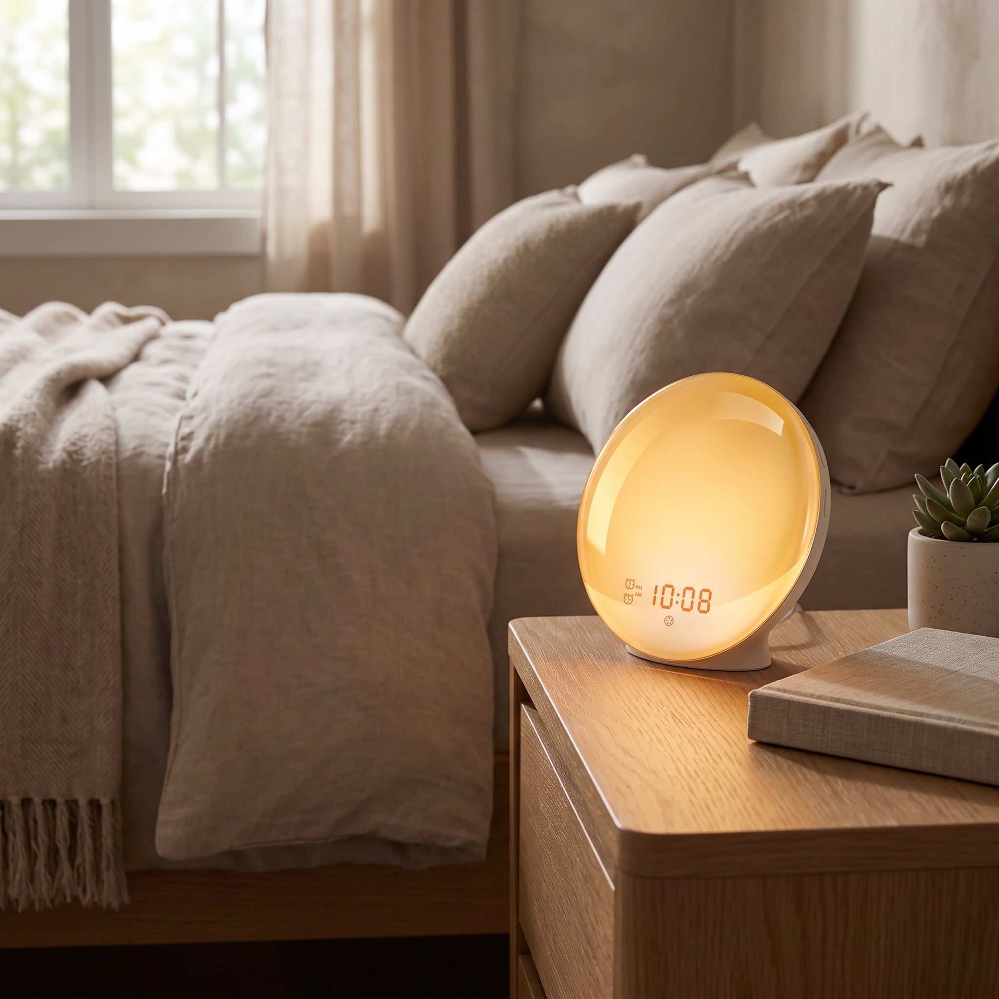 DawnZen sunrise alarm clock glowing on a bedroom nightstand