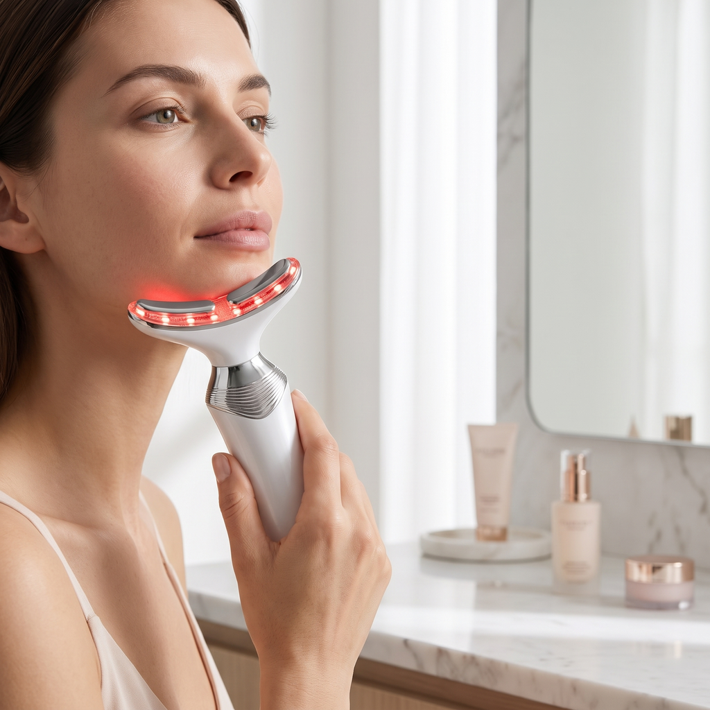 AuraZen warming facial wand used along the jawline