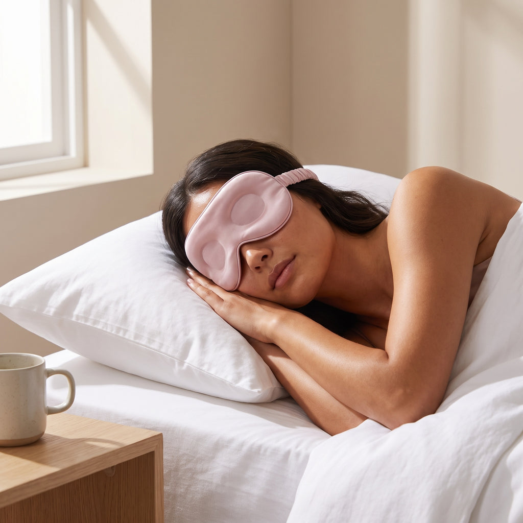 Woman asleep wearing the DreamZen contoured silk sleep mask