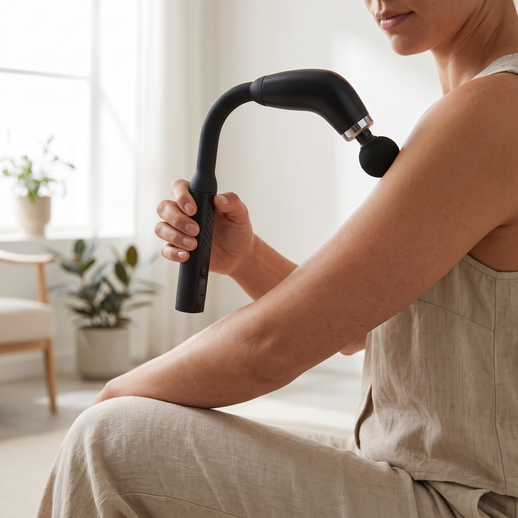 Person using the PulseZen Mini massage gun on the shoulder