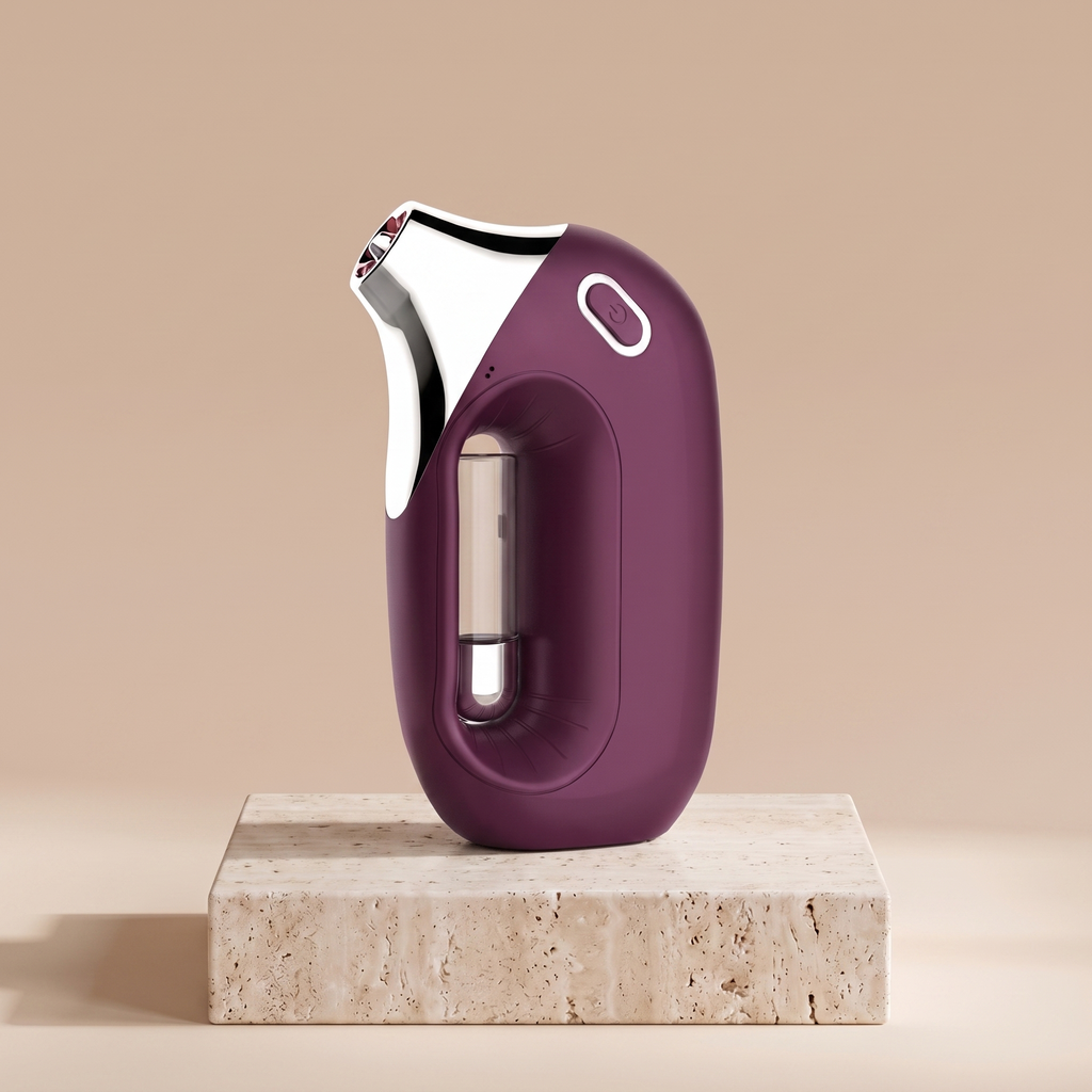 HydraZen fine-mist facial sprayer in wine-purple on a travertine stone pedestal