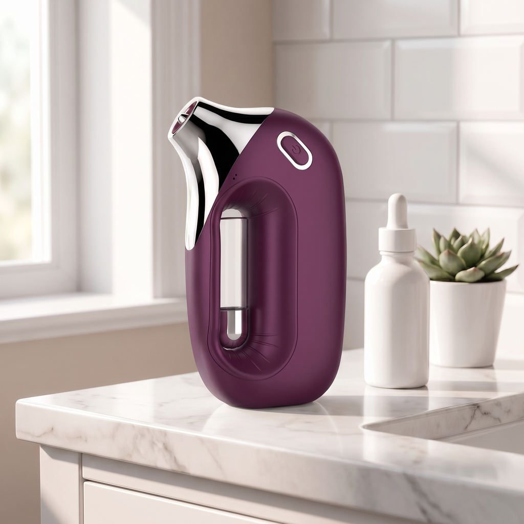 HydraZen facial sprayer in wine-purple on a marble bathroom vanity with serum bottle and succulent