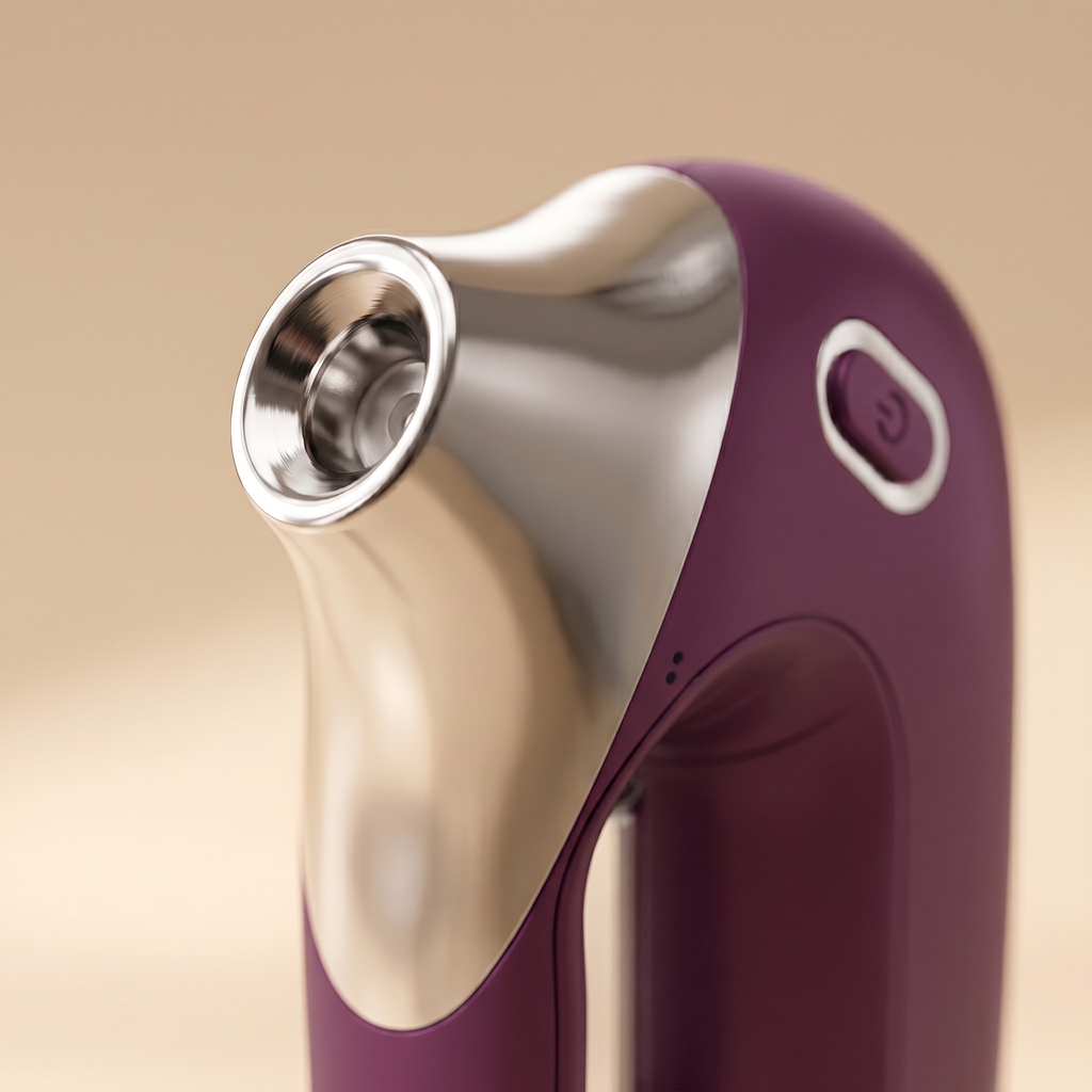 Close-up macro of the wine-purple HydraZen nozzle tip showing silver applicator detail