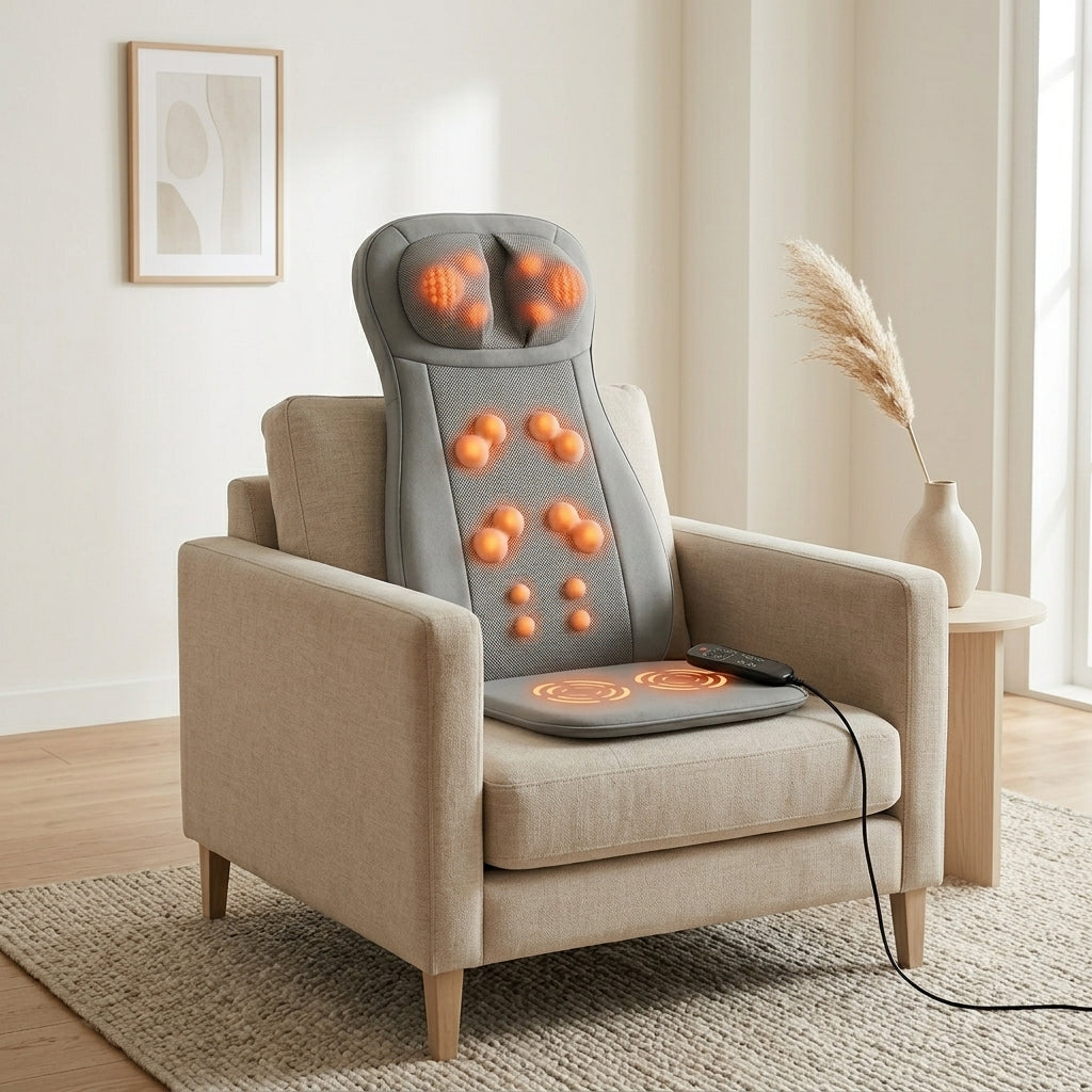 KneadZen massage cushion on a beige armchair in a calm living room