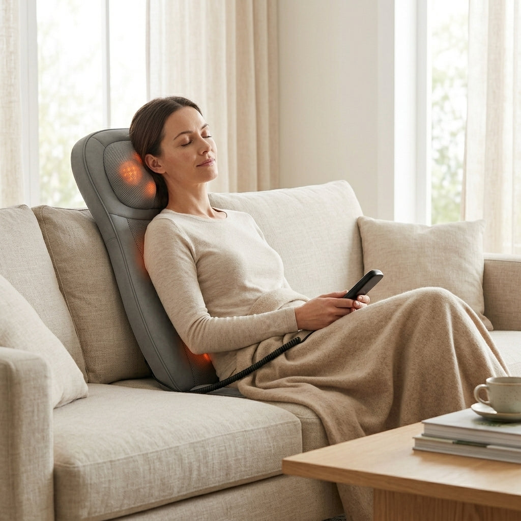 Woman relaxing on a sofa against the KneadZen shiatsu massage cushion