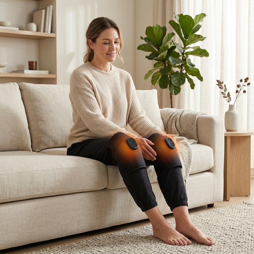 Woman relaxing on a sofa wearing the KneeZen heated knee massagers on both knees