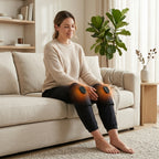 Woman relaxing on a sofa wearing the KneeZen heated knee massagers on both knees