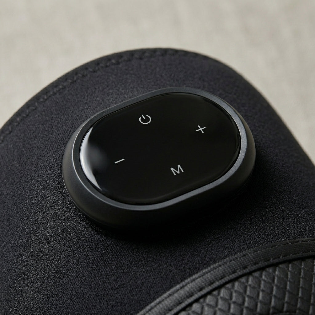Close-up of the KneeZen oval control pod with power, mode, plus and minus buttons