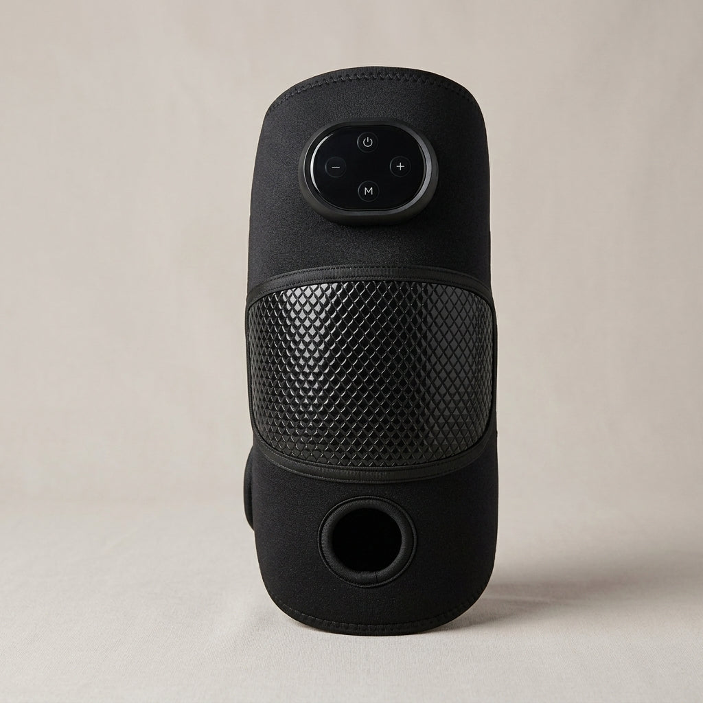 KneeZen black neoprene knee massager shown from another angle with diamond panel
